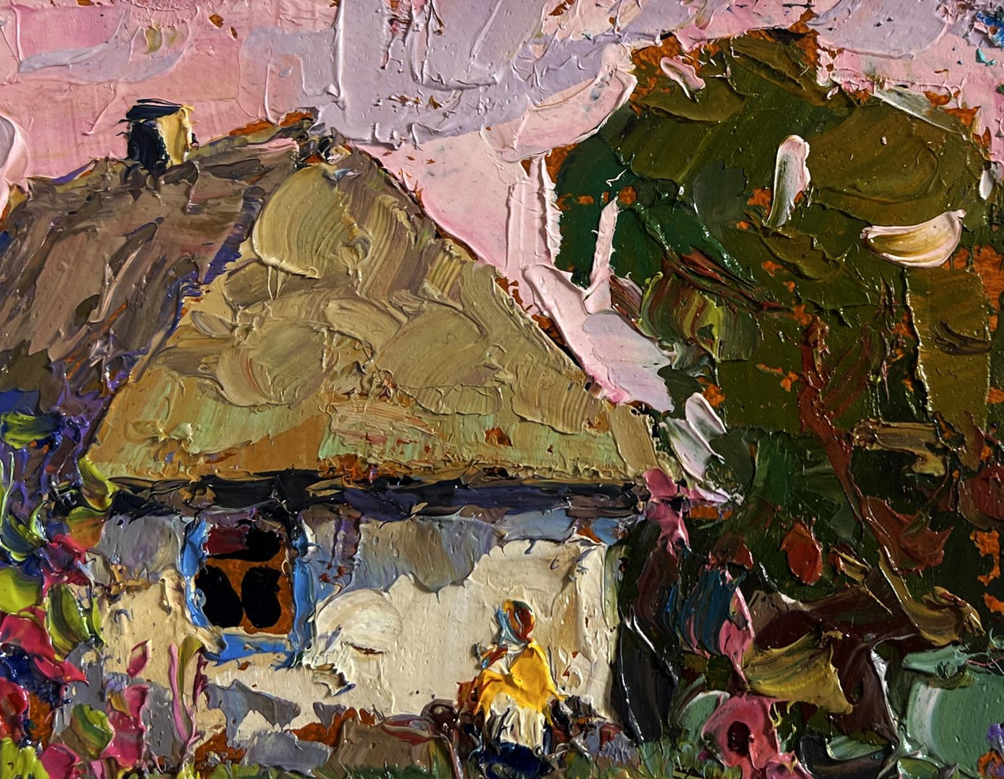 Oil painting of mallows blooming in garden by Oksana Ivanyuk cottage scene
