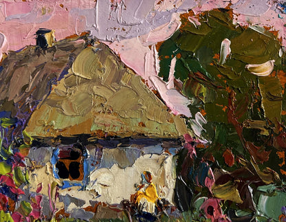 Oil painting of mallows blooming in garden by Oksana Ivanyuk cottage scene