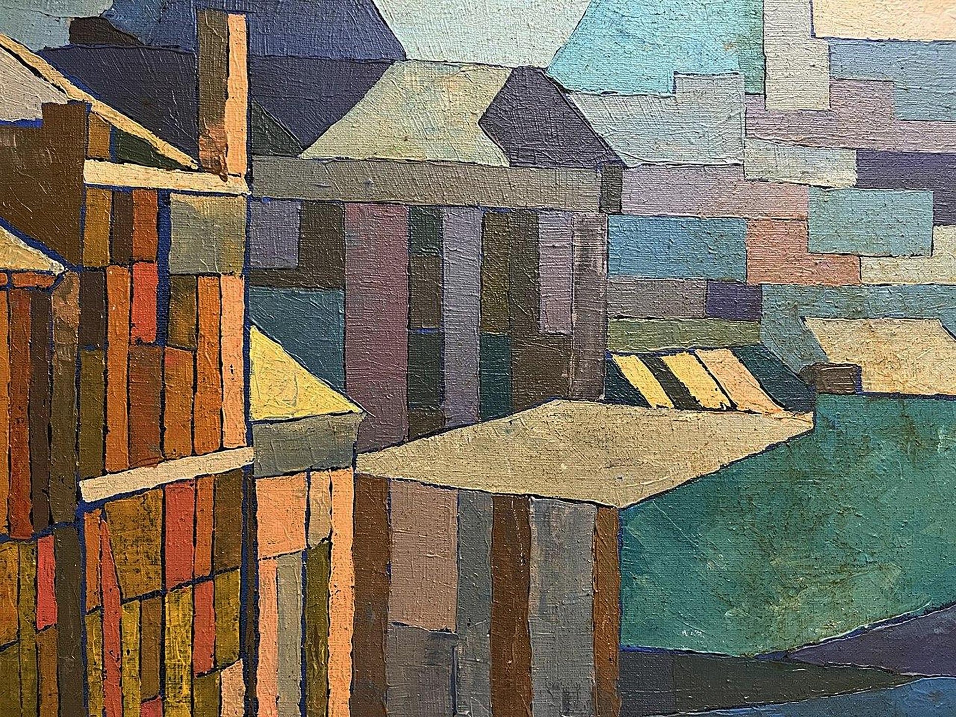 Abstract expressionist oil painting of industrial cityscape by Serhiy Kovalev