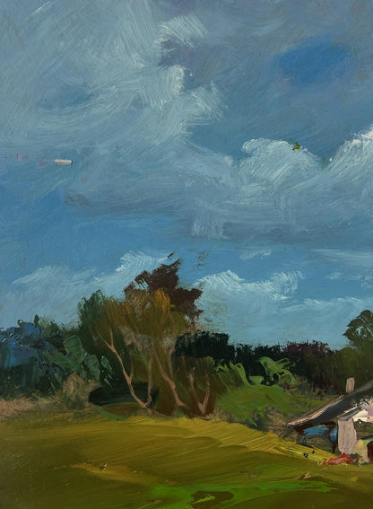 Oil painting Village with horses by Yuriy Suprunchuk: blue sky, green hills