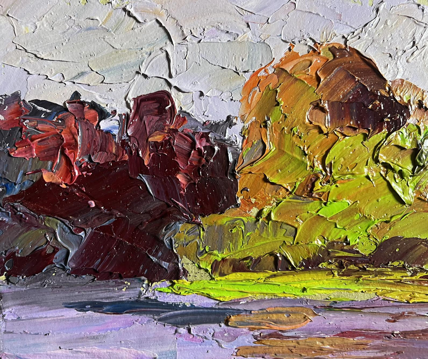 Oil painting September colors by Boris Serdyuk with bold red-green strokes