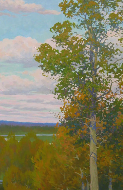 Oil painting of autumn tree in meadows with horses by Valery Savenets