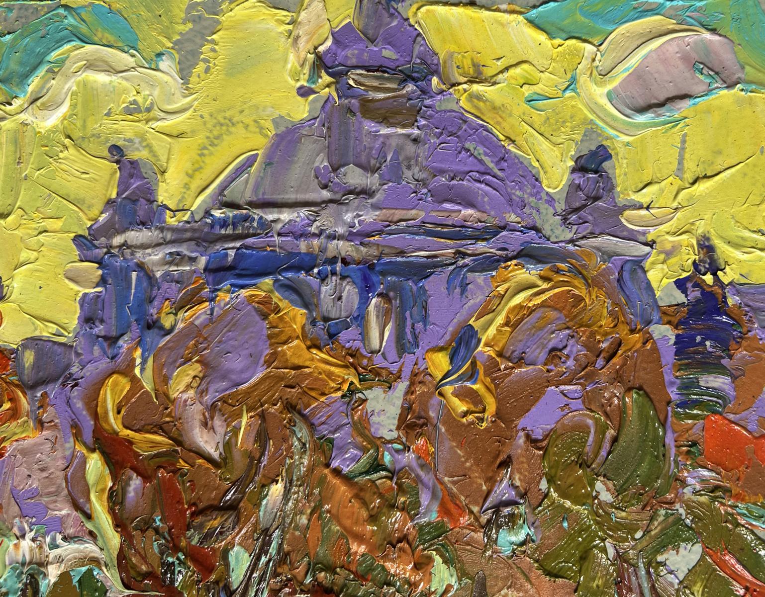 Vibrant Oleksiy Ivanyuk oil painting of city yellow sunset with textured layers