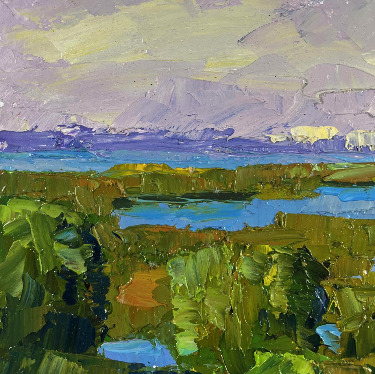 Oil painting Fishing on the lakes by Boris Serdyuk with green foliage blue water purple sky