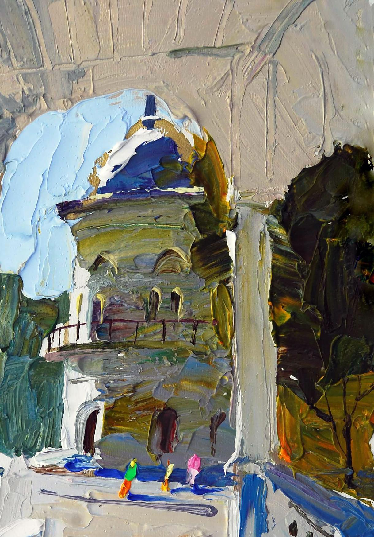 Textured impressionist oil painting of domed mountain building by Egor Shvachunov