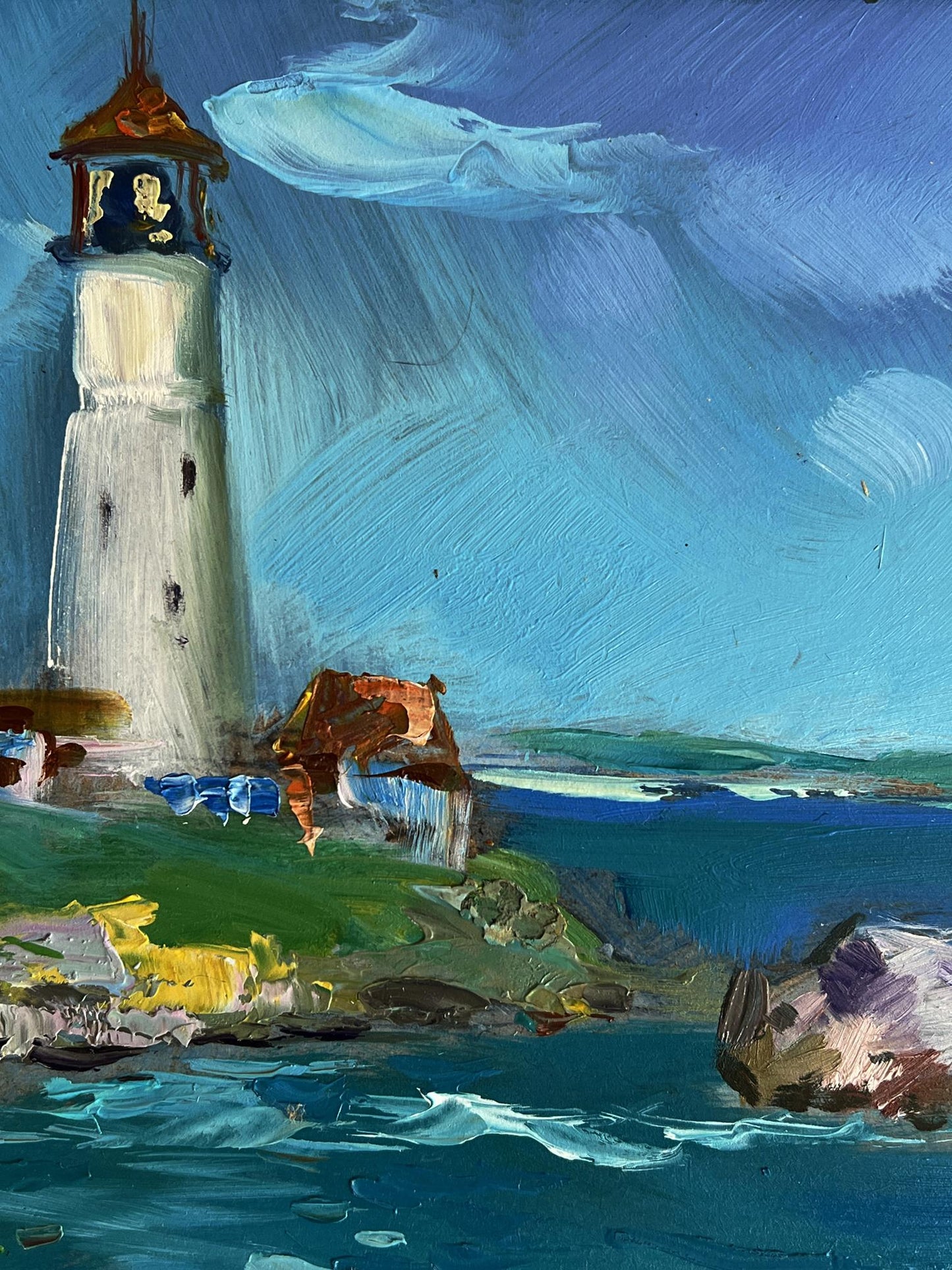 Oil painting of white Sea lighthouse by Yuriy Suprunchuk on green cliffs