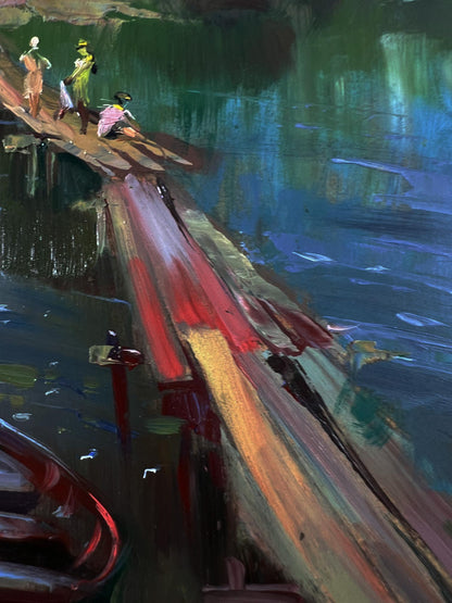 Oil painting by Yuriy Suprunchuk: children walking by river with weathered bridge
