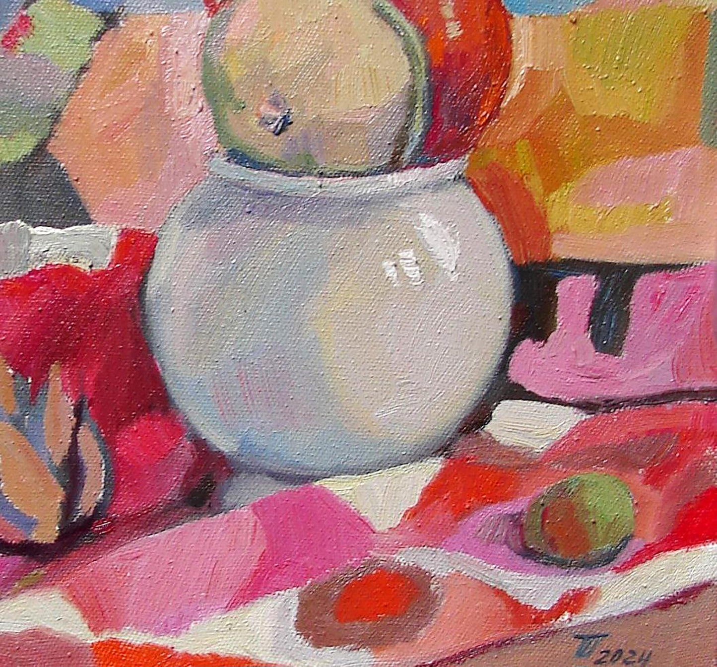 Light gray rounded ceramic vase by Oil painting Pumpkin Tatyana Shulyak