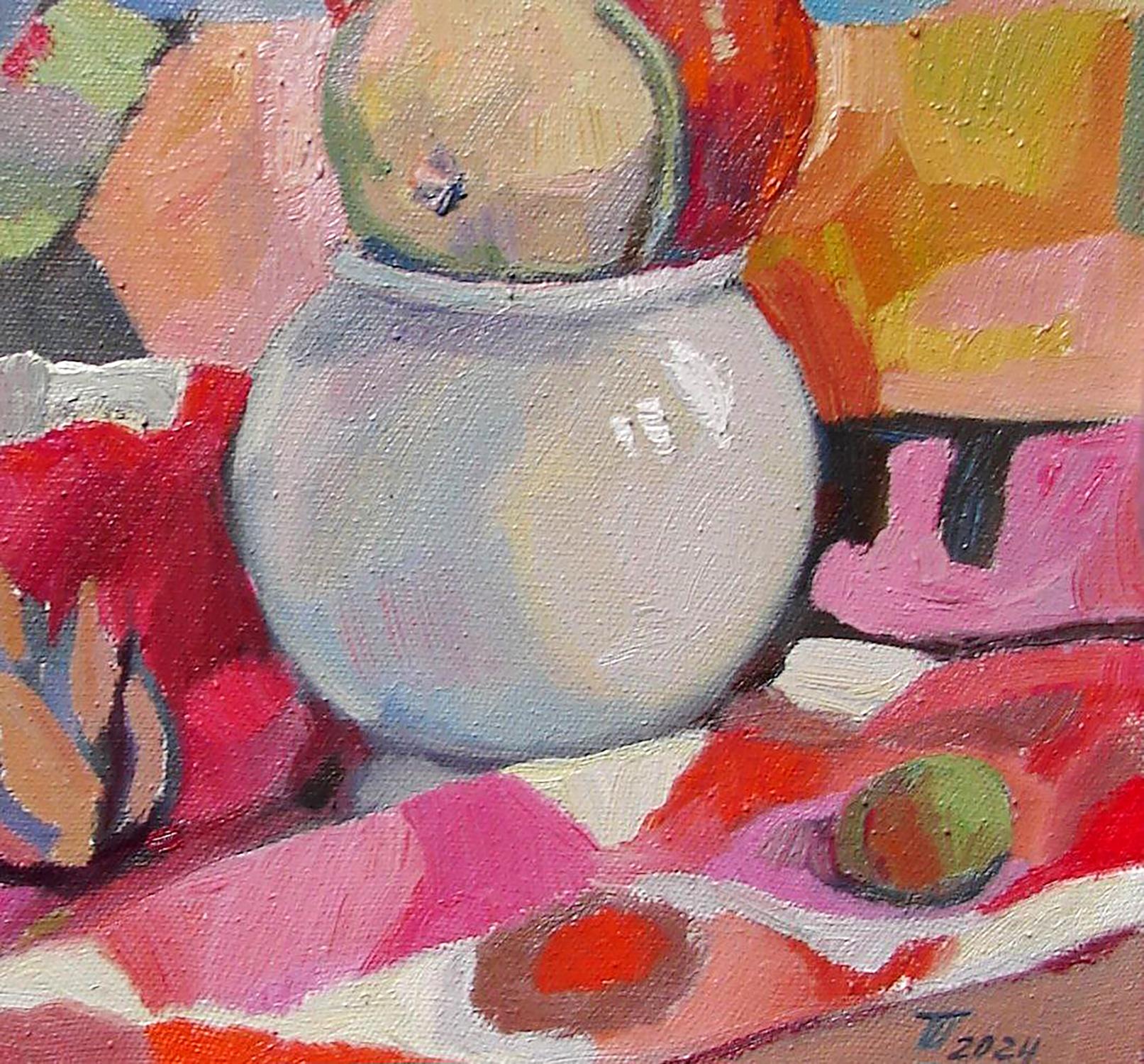 Light gray rounded ceramic vase by Oil painting Pumpkin Tatyana Shulyak