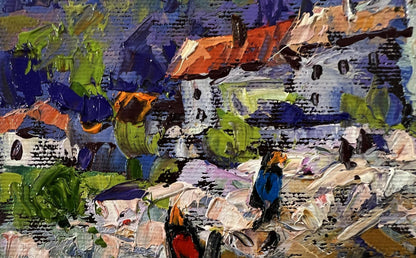 Vibrant oil painting of Blue mountains village by Oleksiy Ivanyuk