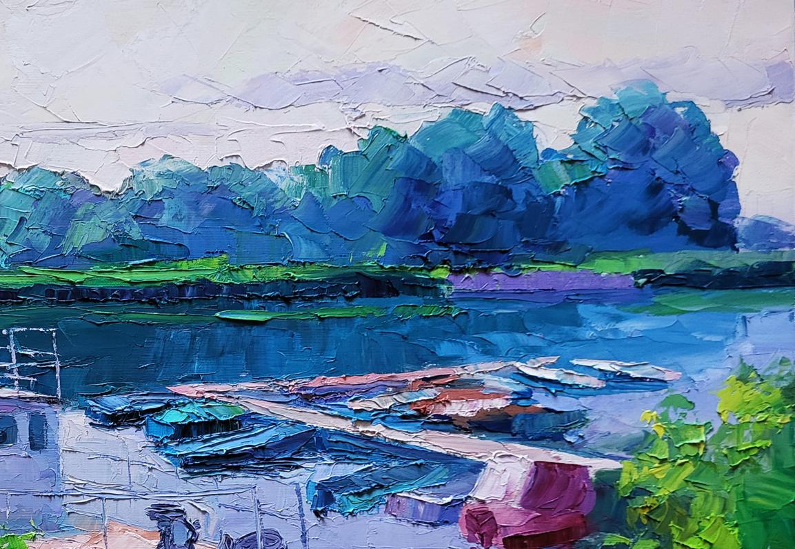 Vibrant impressionist oil painting Ferry by Boris Serdyuk, serene lakeside scene