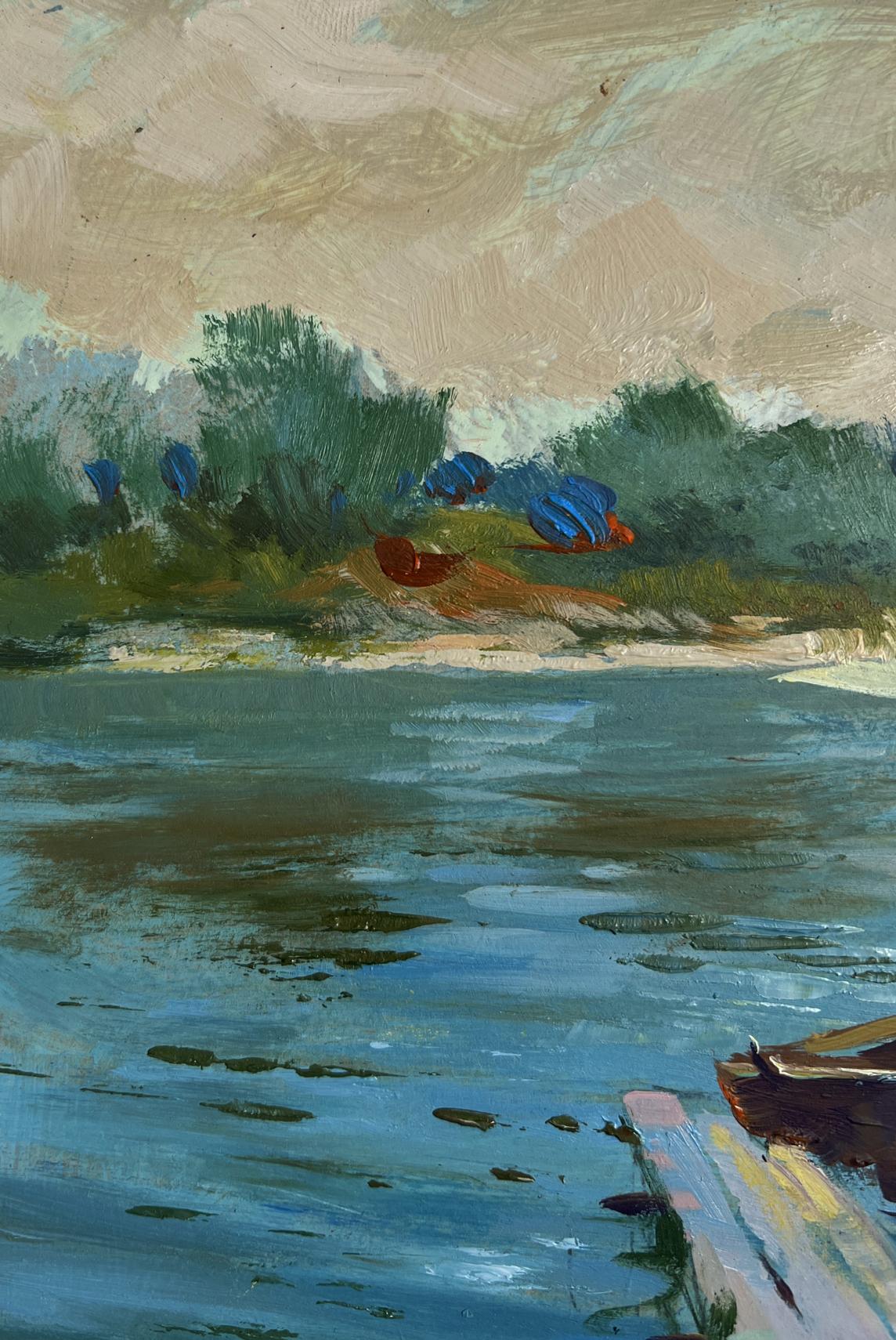 Serene impressionistic oil painting of boats at rest by tranquil river by Yuriy Suprunchuk