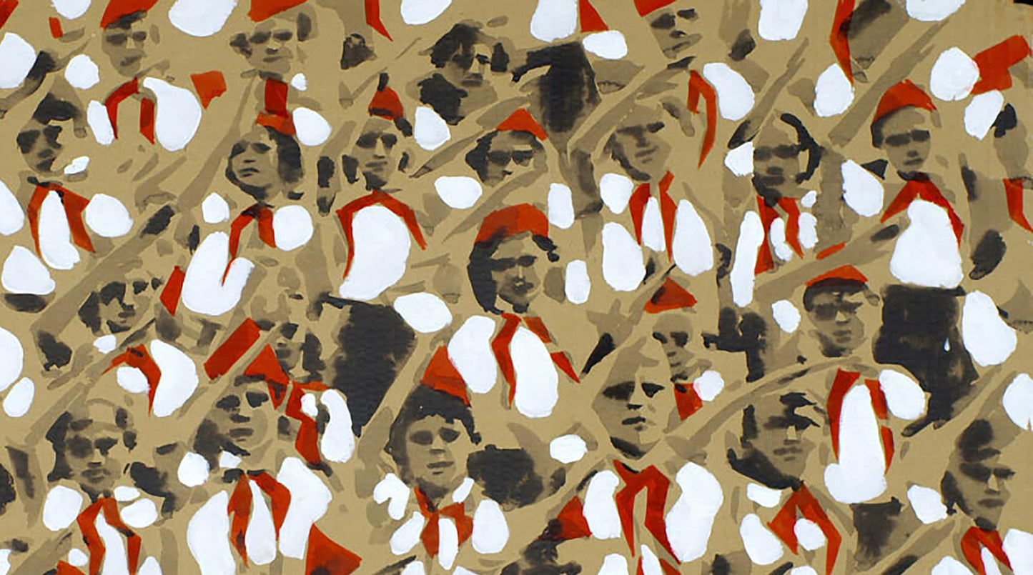 Acrylic painting of repeating stylized faces in red hats and scarves by Dima Filatov on beige background
