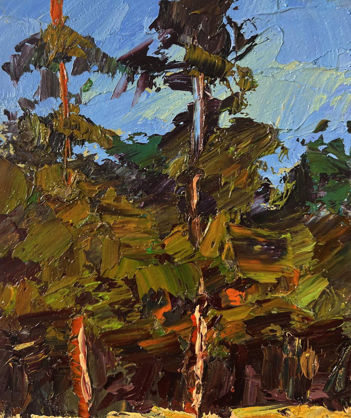 Impasto oil painting by Boris Serdyuk: tall trees with first snow