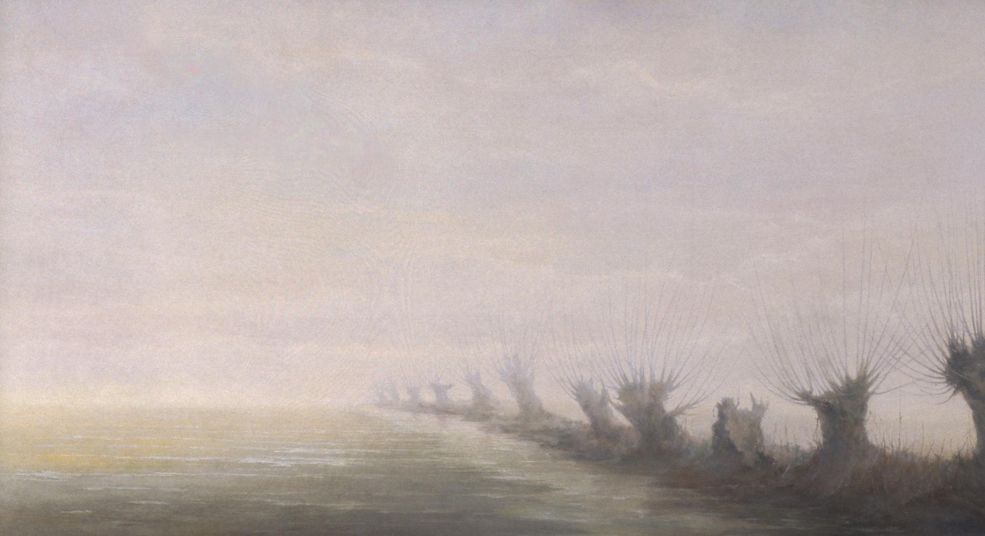 Oil painting Early spring by Vasily Korkishko: misty foggy shoreline with dark spindly trees