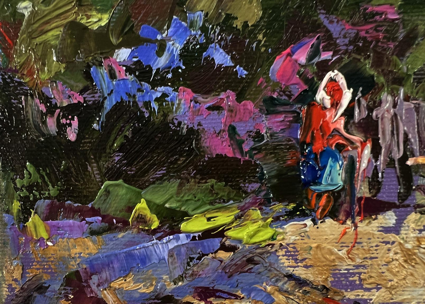 Oil painting Village Silence by Oleksiy Ivanyuk with red figure