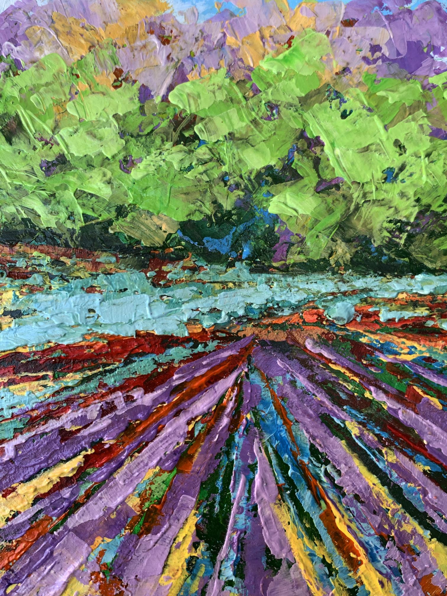 Vibrant impressionist oil painting of sunny lavender field near forest by V. Zadorozhnya