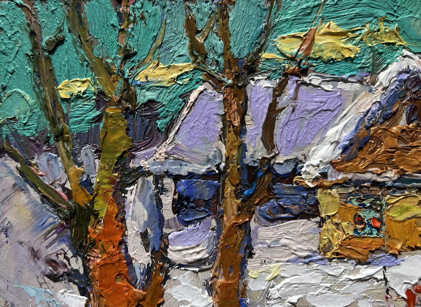 Vibrant impressionist oil painting of snowy yard by Oksana Ivanyuk