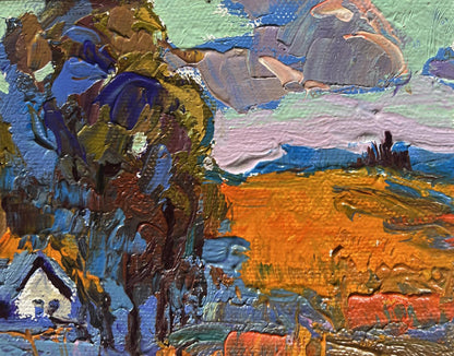 Oil painting Autumn village evening by Oksana Ivanyuk with abstract trees