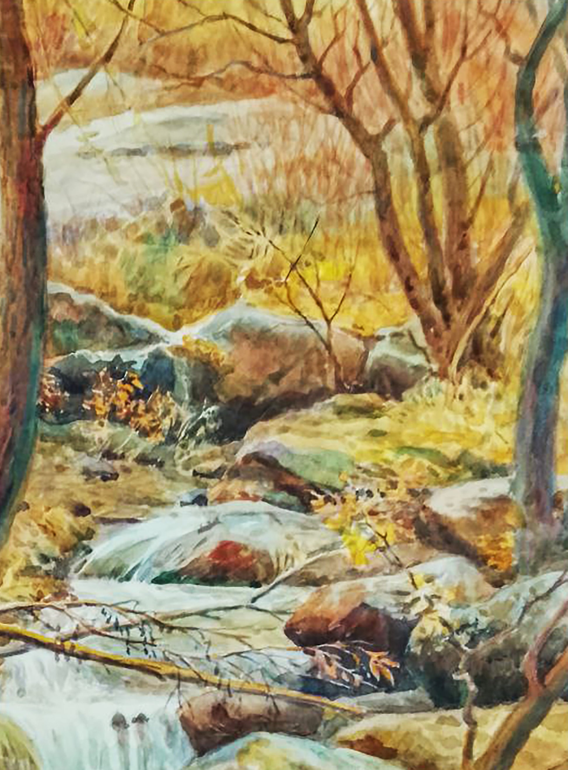 Watercolor painting of rocky autumn forest stream by Vitaly Duhnevich
