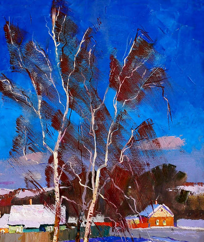 Oil painting January in the city by Egor Shvachunov: tall birch tree