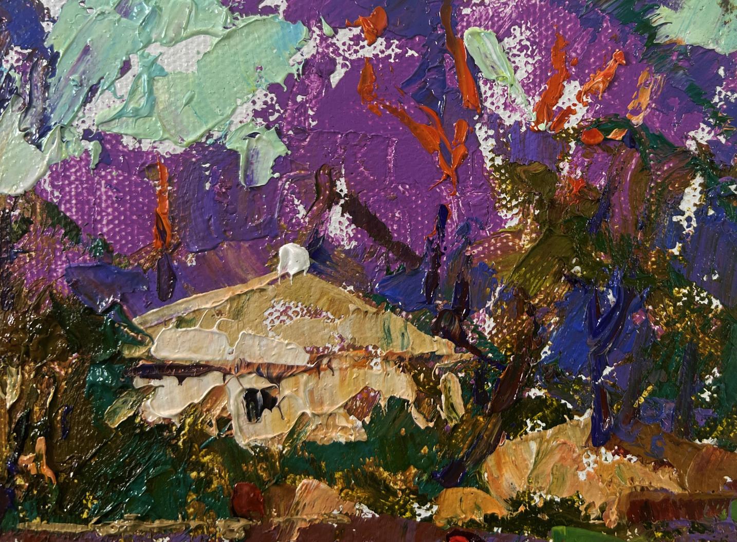 Oil painting Spring evening in the light of the sky by Oleksiy Ivanyuk: thatched hut in foliage