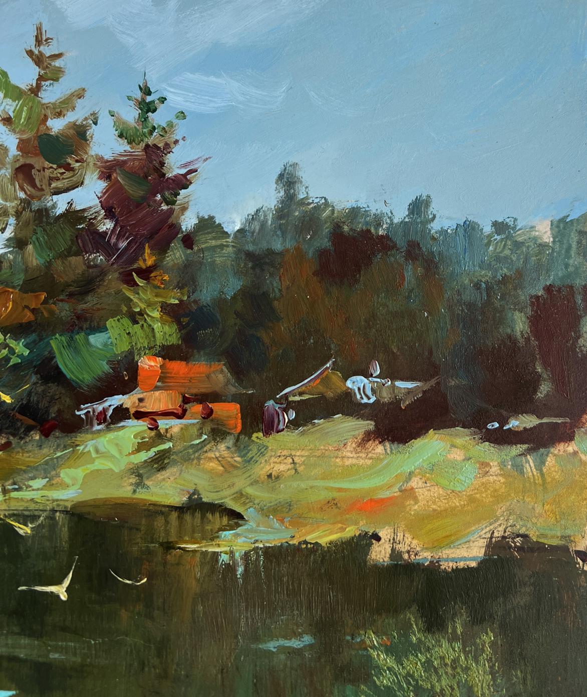Impressionistic oil painting of lonely boat by river by Yuriy Suprunchuk