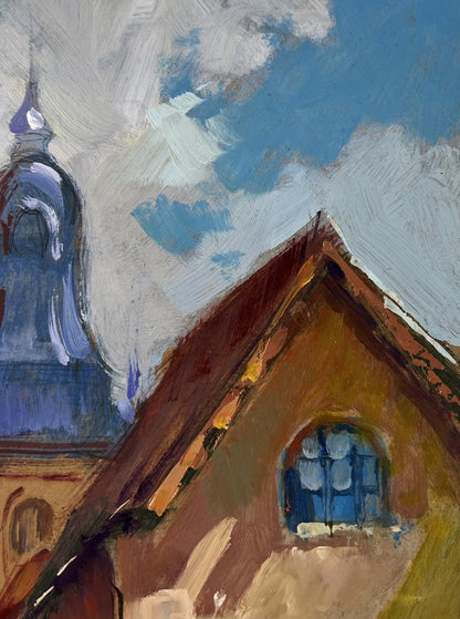 Oil painting of Quiet street in old town church steeple by Yuriy Suprunchuk