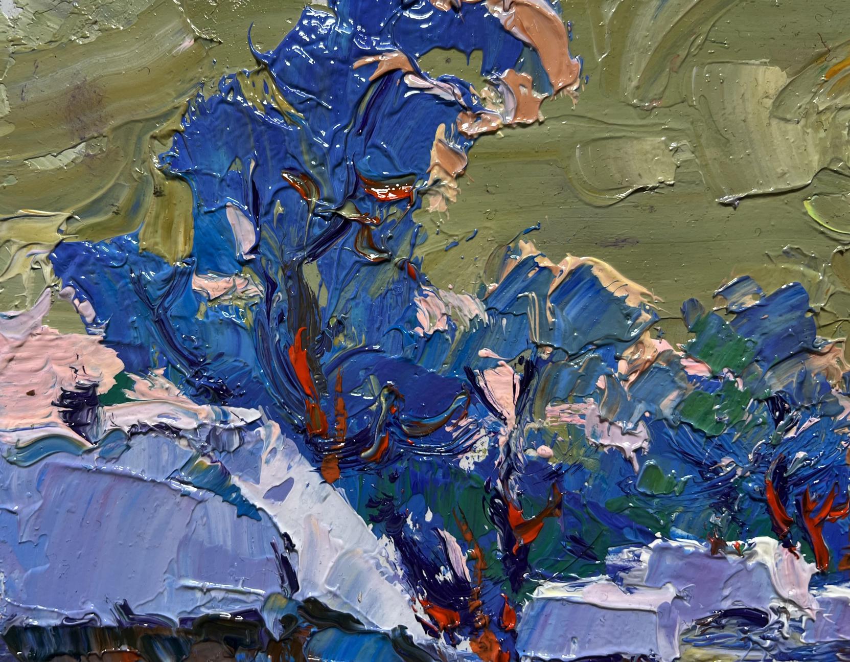 Oil painting Snowy village by Oksana Ivanyuk with blue green strokes
