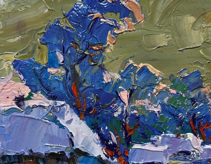 Oil painting Snowy village by Oksana Ivanyuk with blue green strokes