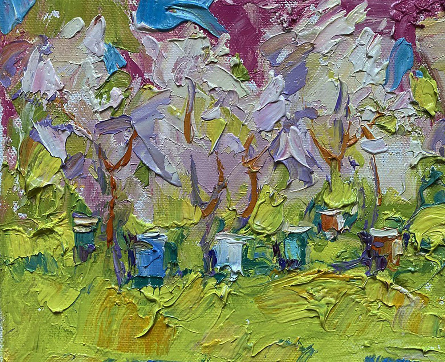 Oil painting Spring garden by Oleksiy Ivanyuk with purple blossoms