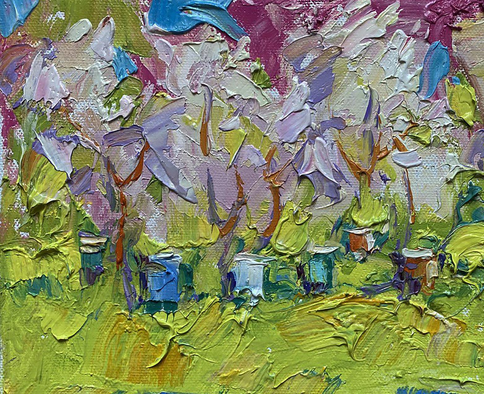 Oil painting Spring garden by Oleksiy Ivanyuk with purple blossoms