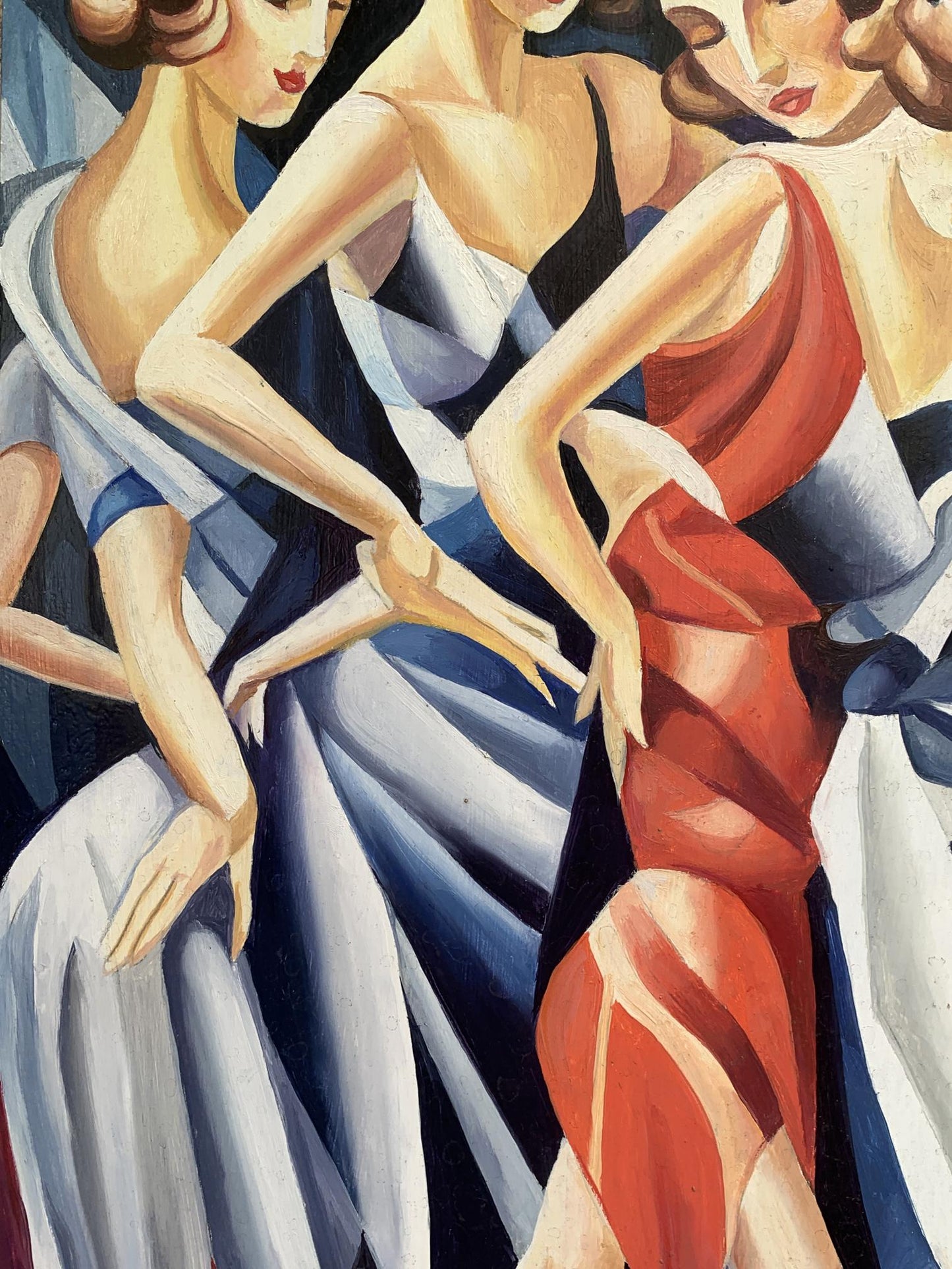 Abstract oil painting of slender girls in blue red gowns by Victor Konotopsky