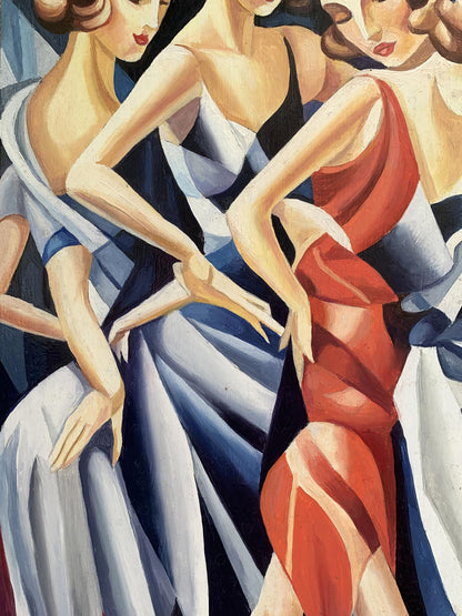 Abstract oil painting of slender girls in blue red gowns by Victor Konotopsky