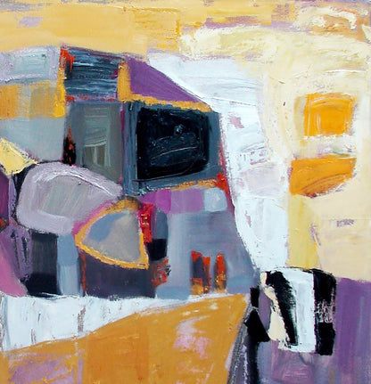 Oil painting Lilac geometry by Tatyana Shulyak with bold yellow purple gray black strokes