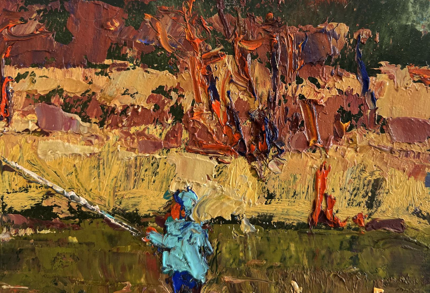 Oil painting The Lonely Fisherman by Oksana Ivanyuk with textured ochre strokes