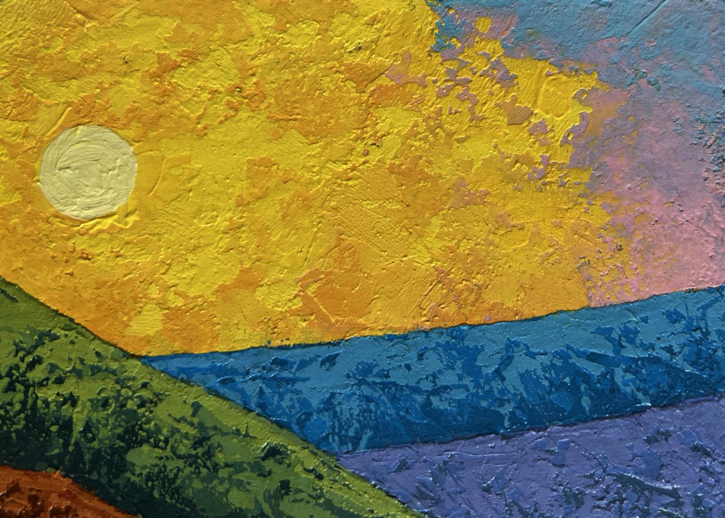 Vibrant oil painting of sunset palette over mountain valley by V. Zadorozhnya