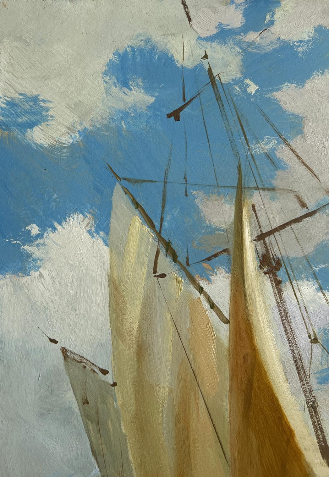 Oil painting of sailboats at sea with cream sails by Yuriy Suprunchuk