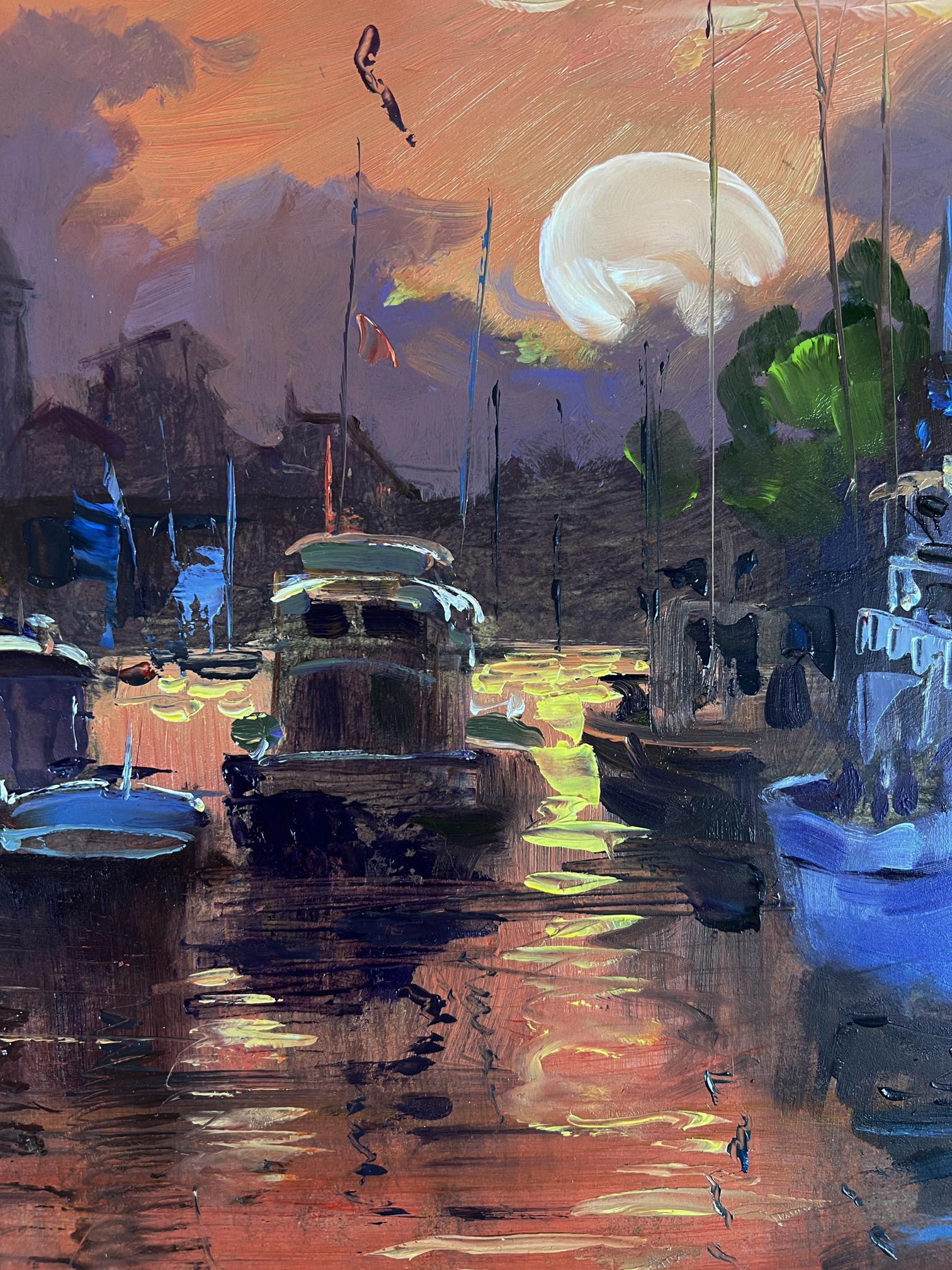 Vibrant oil painting of Ferry with romantic sunset by Yuriy Suprunchuk