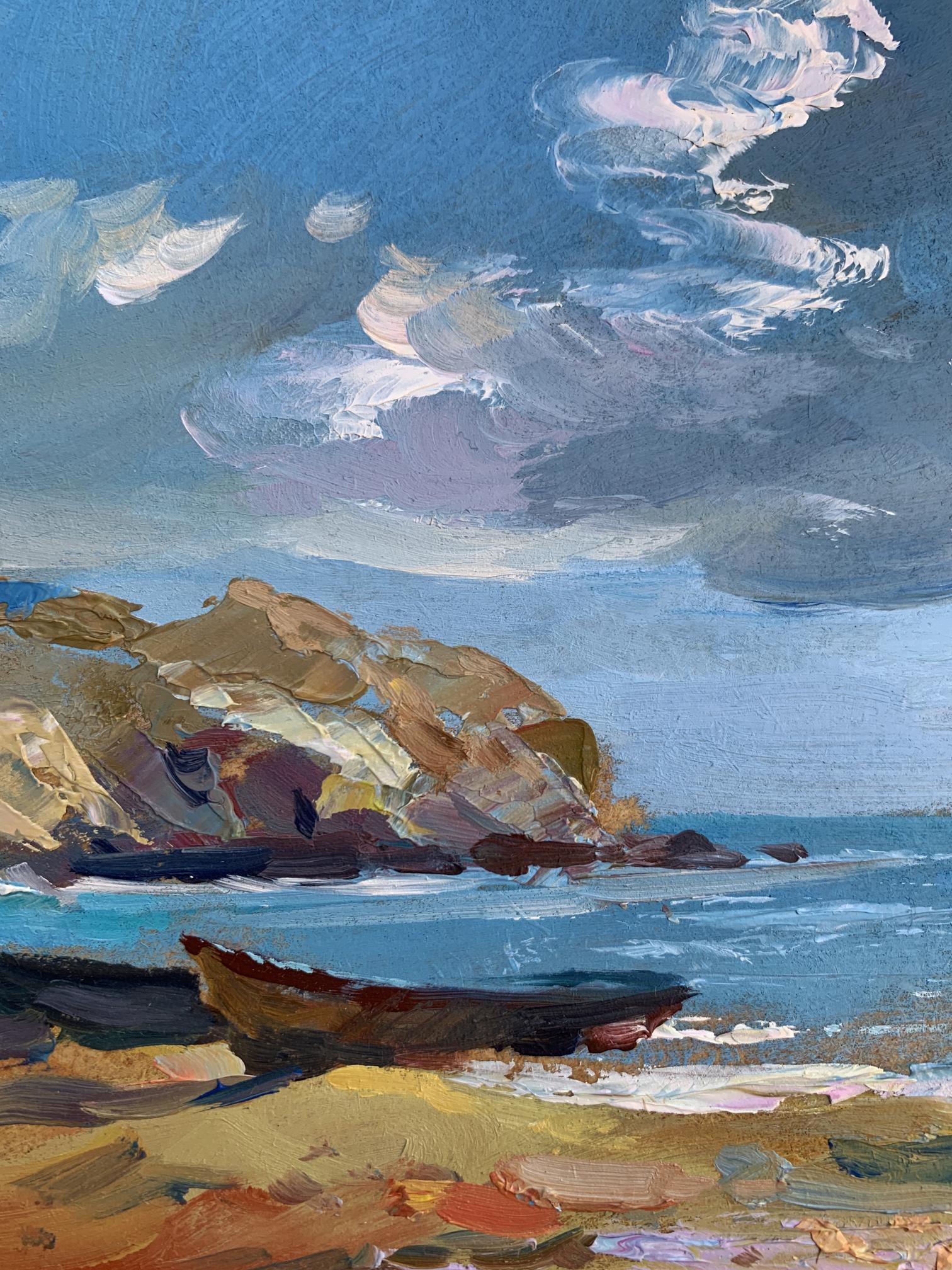 Rustic rowboat on sunlit shore, oil painting Island in the sea by Yuriy Suprunchuk