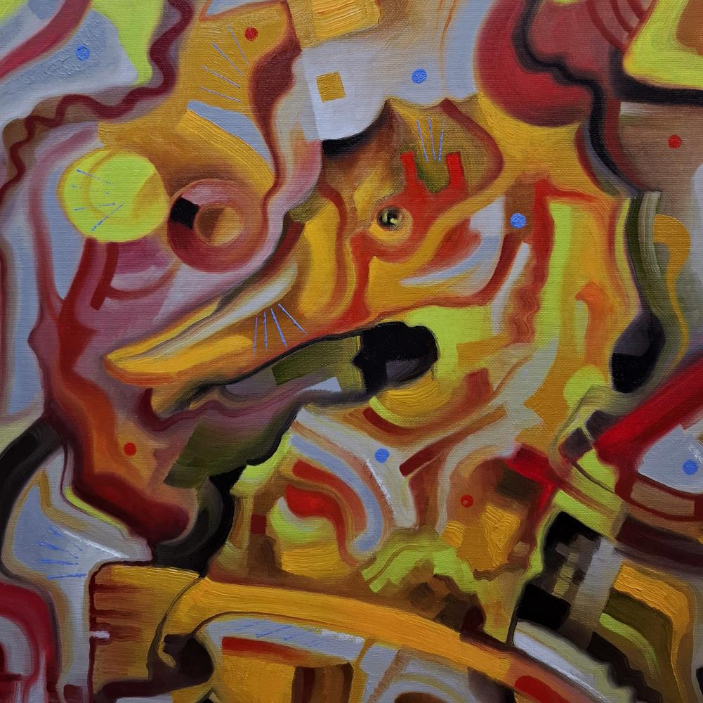 Vibrant abstract oil painting by Sergiy Voichenko with bold yellow, red, orange strokes