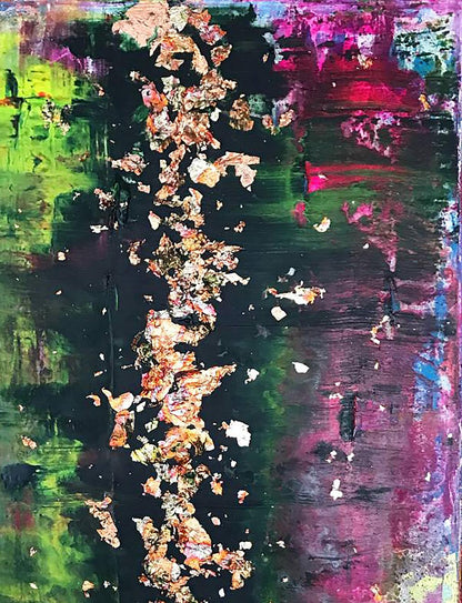 Acrylic painting Burlesque by Olga Melezhik: golden leaf cascade on vibrant green, magenta, black