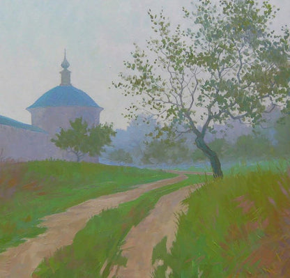 Oil painting of blue-domed church by Valery Savenets September autumn morning