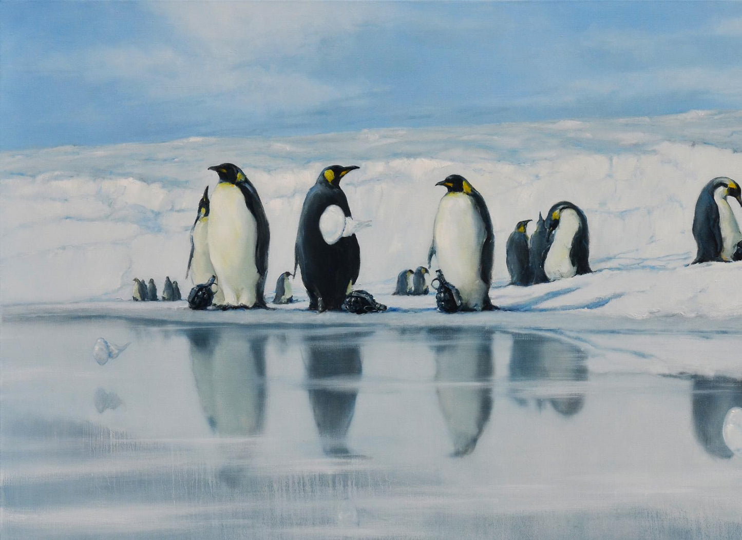 Oil painting of emperor penguin colony by Oleg Kateryniuk on ice