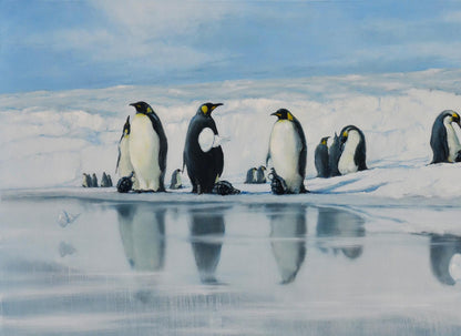 Oil painting of emperor penguin colony by Oleg Kateryniuk on ice