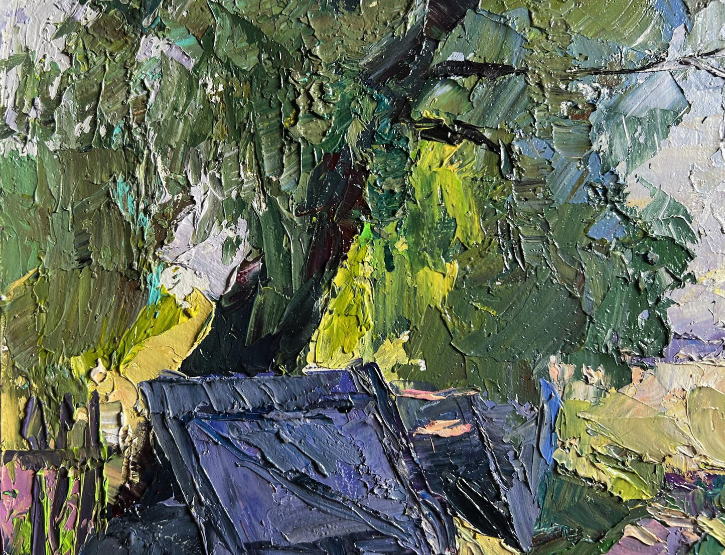 Oil painting The beginning of a summer day by Boris Serdyuk textured tree