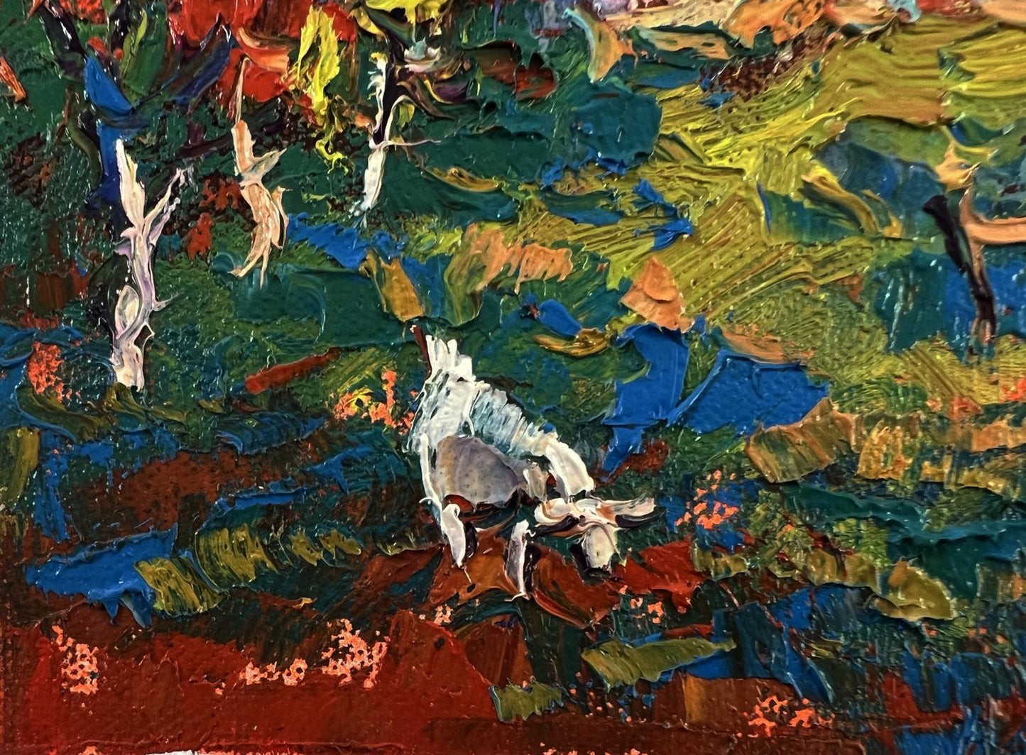Oil painting The sun over the village by Oksana Ivanyuk with gray animal