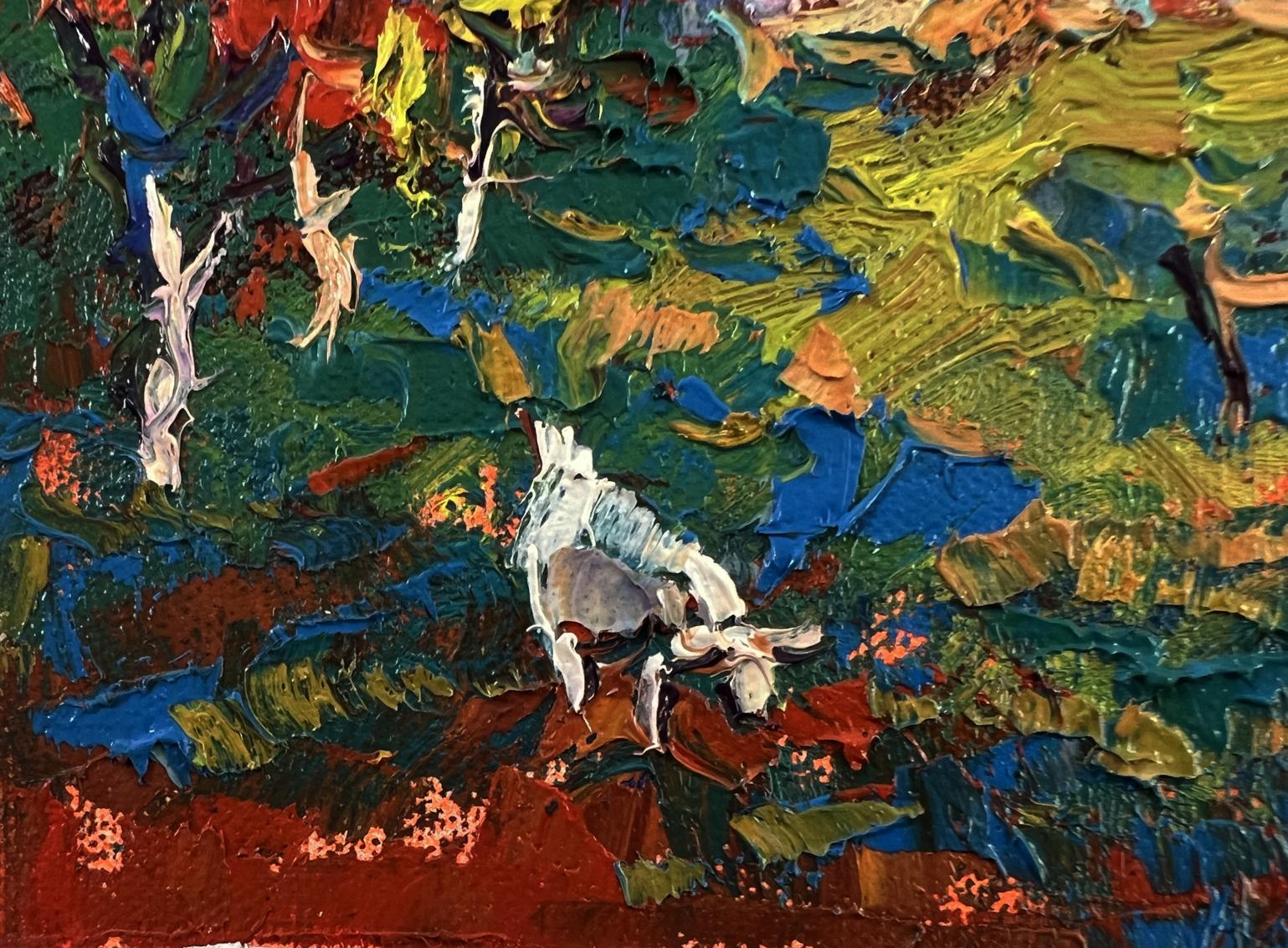 Oil painting The sun over the village by Oksana Ivanyuk with gray animal
