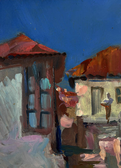 Vibrant impressionist oil painting by Yuriy Suprunchuk of home life with red roofs
