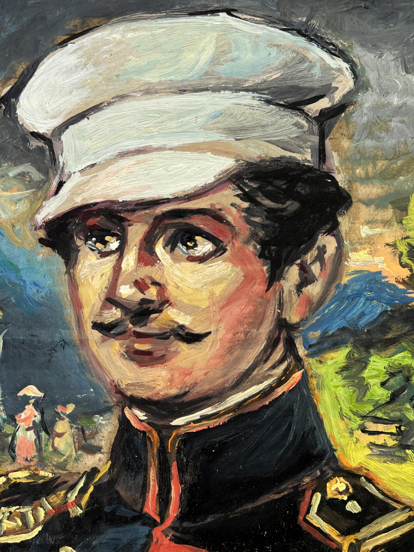 Oil painting portrait of officer Alexander Litvinov in white textured military cap
